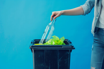 Woman Putting Plastic Bottle Into Trash Can