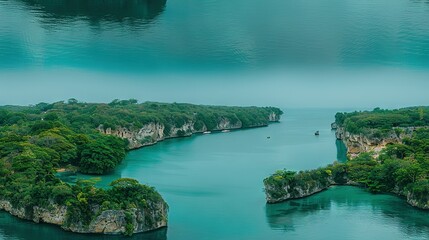   A birds-eye perspective of a tranquil lake encircled by dense foliage and a diminutive island, with a focus on natural beauty - obrazy, fototapety, plakaty