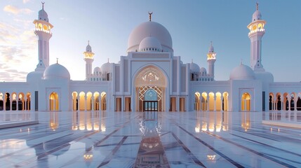 Beautiful view of a grand white mosque with multiple domes and minarets during sunrise.