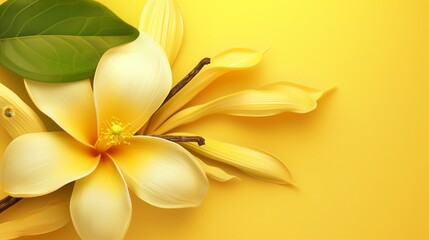 Vivid depiction of a yellow plumeria flower with green leaf on yellow background.