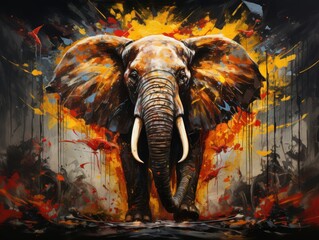 An elephant with tusks stands in front of a fiery backdrop.