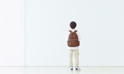 A boy standing in front of a white wall with a brown backpack. Generative AI.