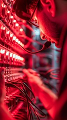 an IT technician is depicted working on network cables in an office environment. The scene is bathed in red hues with focused lighting
