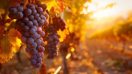 Ripe grapes hanging on vine with sunlight filtering through in a vineyard at sunset. - Powered by Adobe