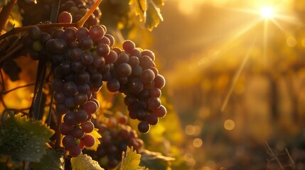 Clusters of ripe grapes hanging on vines during a sunny sunset in a vineyard, giving a warm,...