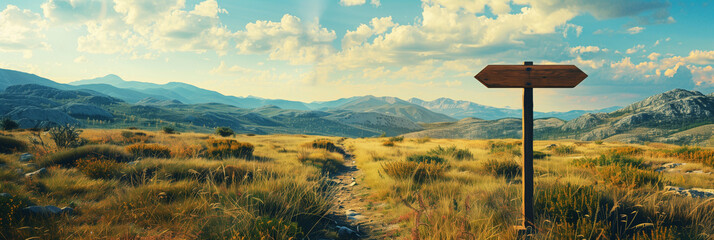 Panoramic view of a scenic landscape with mountains, grassy fields and a trail with a wooden...
