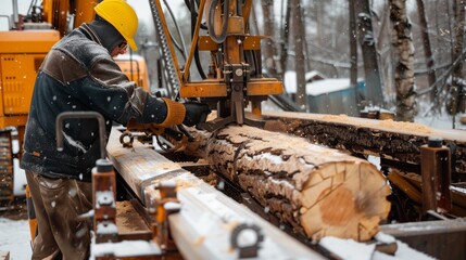 A worker in a hard hat and protective gear operates a log-cutting machine in a snowy forest.