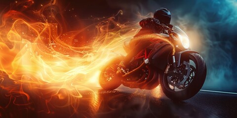 Motorcycle in motion with fiery abstract effects on a dark background