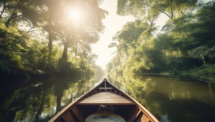 Sailing in a boat through the flooded forest