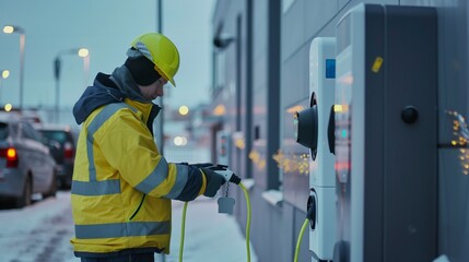 A worker in reflective gear connecting a charger to an electric vehicle station in a snowy setting.