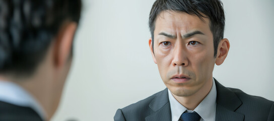 Professional male in a business suit looks concerned in a tense conversation with a colleague, depicting workplace stress, conflict resolution, and corporate communication challenges
