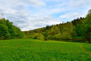 Plains next to Rak river at Rakov Škocjan in Notranjska, Slovenia with forest covering the slopes above the valley