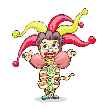 clown vector cartoon illustration in red hat, and striped costume