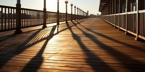 Outdoor boardwalk area with wooden floor and big shadows at sunset background. Relaxing and vacation vibe scene