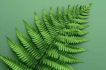 A vibrant, green fern leaf, its fronds detailed and lush, placed against a solid, forest green background.