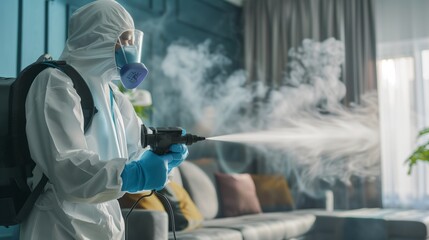 A person in protective gear is disinfecting a modern living room with a fogging machine, emphasizing health safety.