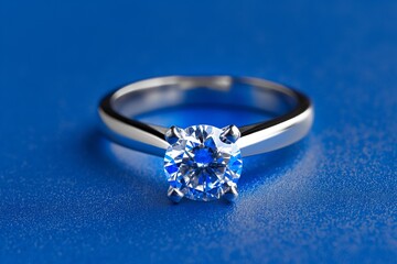 An exquisite, diamond solitaire ring, the gem sparkling brilliantly, presented against a solid, deep royal blue background.
