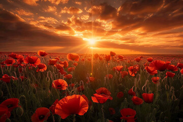 A breathtaking sunset casting a warm glow on a field of golden poppies.