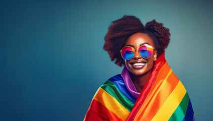 Mujer joven afroamericana, lesbiana orgullosa y sonriente envuelta en bandera con colores LGBTQ+. Ilustración IA generativa. Recurso gráfico tipo pancarta con espacio negativo. 