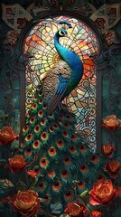 Obraz premium A peacock is standing in front of a window with a rose bush in the background