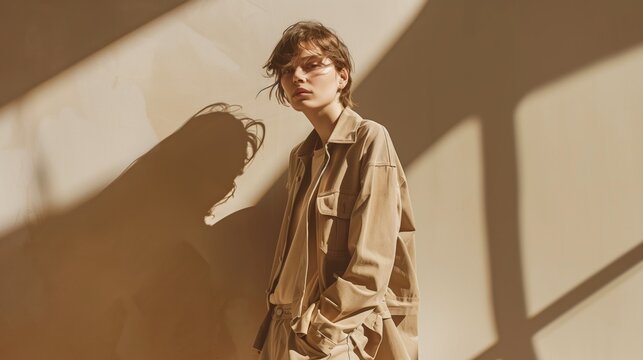 Stylish young woman in beige trench coat posing with dramatic shadows on beige background.