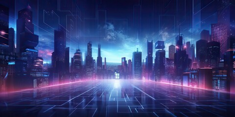 Synthwave retrowave cyberpunk city town cityscape landscape background decoration. Future towb high buildings scene view