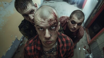 Intense scene featuring three individuals with shaved heads, facial piercings, and smeared blood, looking upwards.