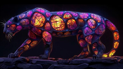 A colorful, glowing, and abstracted cat sculpture