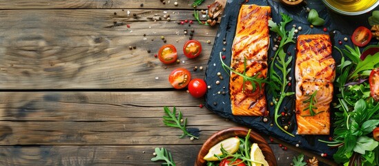 Salmon cooked on a grill, along with a side salad and garnishes, arranged on a wooden table. Viewed from above with room for text.