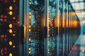 Data center with glowing LED lights. Modern technology and data storage concept for design and poster.