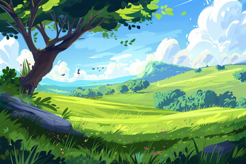 Naklejka premium Illustration of a natural landscape, cartoon-style vector wallpaper background