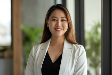 Professional young businesswoman with a radiant smile stands in a modern office setting, exuding confidence and approachability in her stylish white blazer and black attire