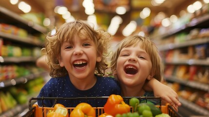 Two joyful young boys in a shopping cart full of fresh vegetables in a supermarket aisle.