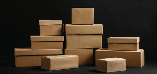 Realistic stack of cardboard boxes on black background logo in white letters, isolated.