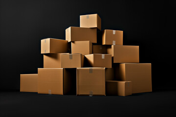Realistic stack of cardboard boxes on black background logo in white letters, isolated.