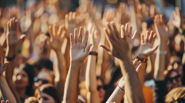 Numerous hands raised in the air at an outdoor event, illustrating participation and enthusiasm.