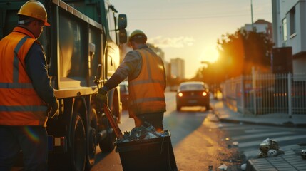Garbage collectors working at sunrise in an urban street, cleaning with a garbage truck.