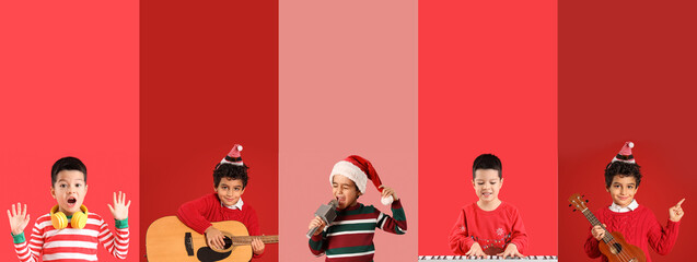 Set of cute little boys with headphones, guitars and synthesizer on red background. Christmas music