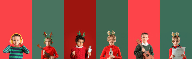 Set of cute little boys with headphones, guitars and microphones on color background. Christmas...