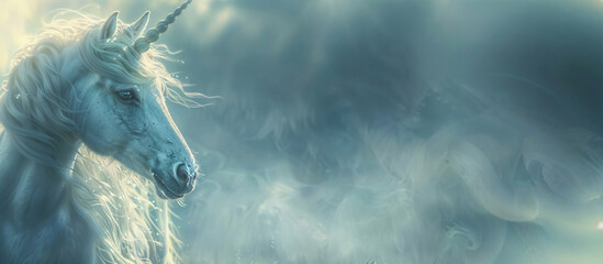 Magic unicorn in mysterious foggy place. Generative ai