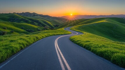 a modern road in the middle of green hills leading to the sun. The concept of travel and exploration. Generative ai