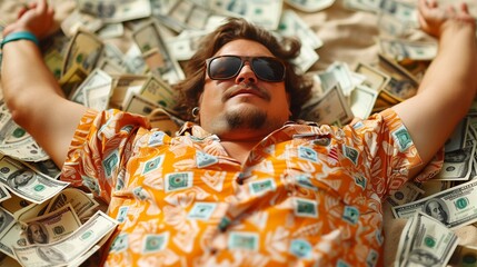 Man in sunglasses lying on the pile of money. Generative ai