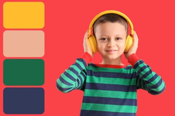 Cute little boy listening to Christmas music on red background. Different color patterns