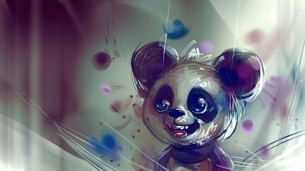   A  bear with blue eyes and a creepy expression confronts the viewer against a hazy backdrop in this unsettling artwork