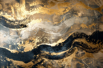 A mural that becomes a focal point, featuring an abstract oil painting with dynamic gold and black strokes, adding drama and intrigue to any space.
