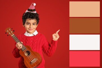 Cute little boy in Christmas clothes and with ukulele on red background. Different color patterns