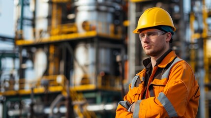 Confident male worker in orange high-visibility jacket and yellow hard hat at an industrial facility.