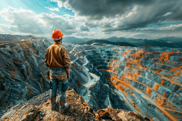 A worker in a hard hat stands on a rocky cliff in front of a quarry - Powered by Adobe