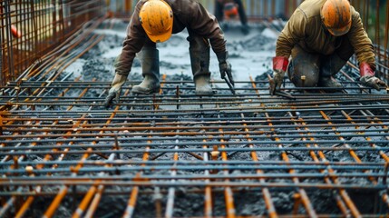 Two construction workers in helmets working on rebar at a wet construction site.