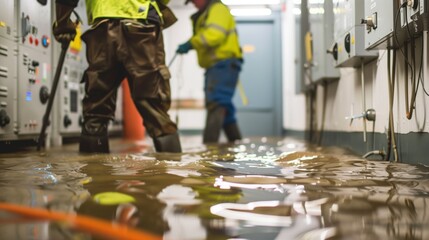Two workers in protective gear cleaning a flooded industrial room with electrical panels and water all over the floor.